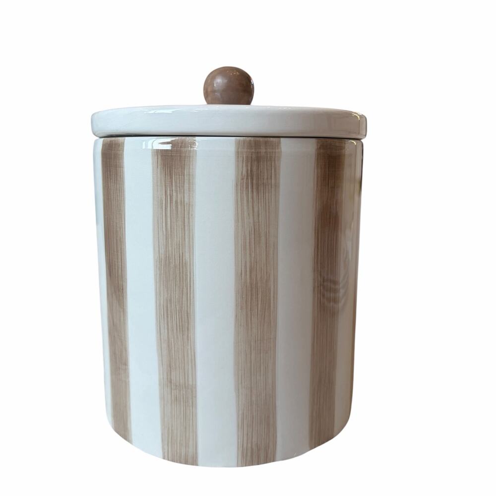 Hand Painted Mocha Striped Canister w/ Lid 8" Ceramic by Market Finds NEW